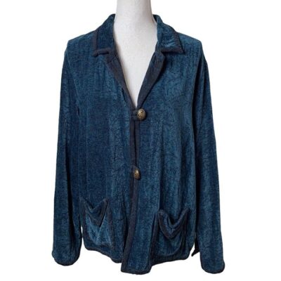 Vintage Chenille Cardigan Blouse Small Treadle Design Room Blue Button Front