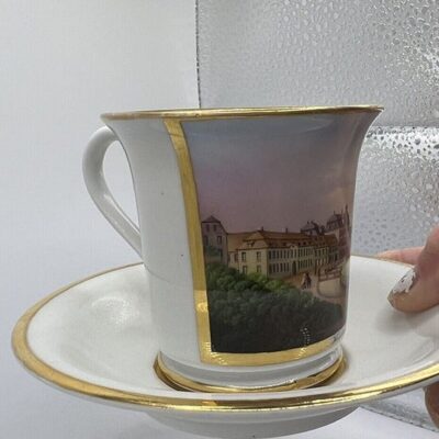 ANTIQUE KPM ROYAL BERLIN TOPOGRAPHICAL CUP & SAUCER KÖSTRITZ HEAVY GOLD GILT