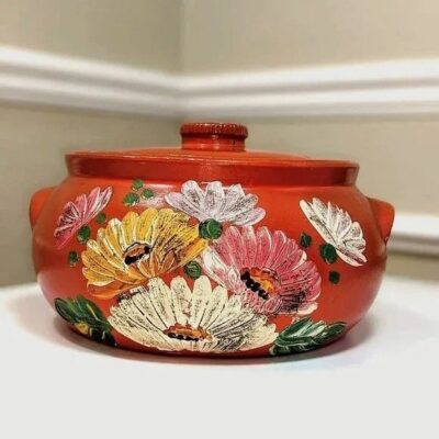 Ransburg 1930s Floral Ceramic Vintage Bean Pot with Lid