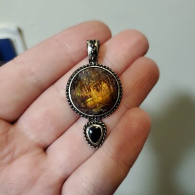 Fire Agate Opal and Onyx silver pendant