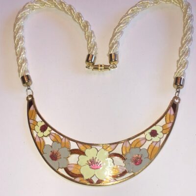 Vintage Cloisonné Floral Pendant Statement Necklace  With Off White Corded Chain