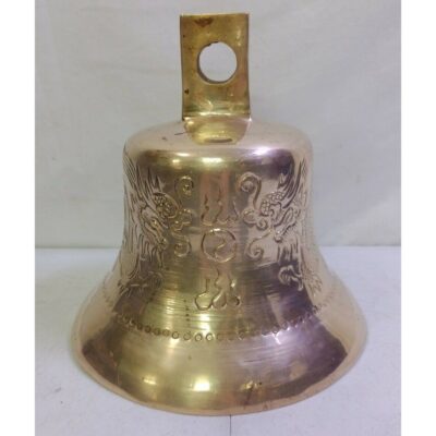 Vintage Large Brass Bell With Dueling Dragons Ying Yang Asian Engraved – 9″