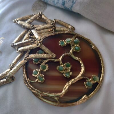 Vintage Jade and Agate bonsai pendant necklace