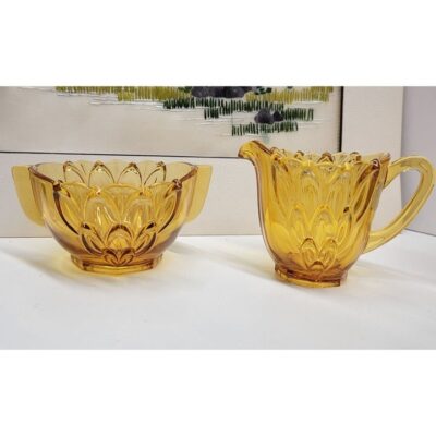 1930’s Stolzle Art Deco Golden Amber Artichoke Pattern Sugar Creamer Set Stölzle