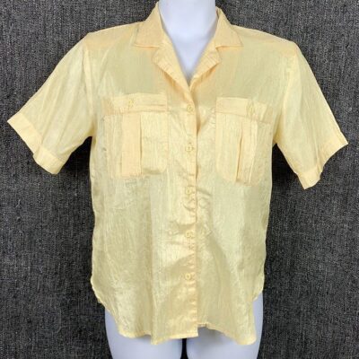 Vintage Blouse 8 Button Up Yellow Short Sleeve Shoulder Pads Shirt Lindsey Blake