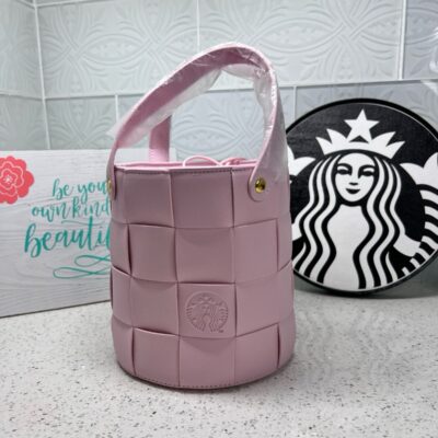 Starbucks Pink Leather Braided Barrel Bag w/Fabric Drawstring Interior