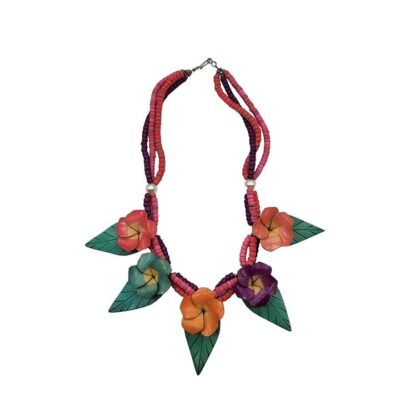 VTG Wood Hibiscus Flowers Colorful Beaded Necklace