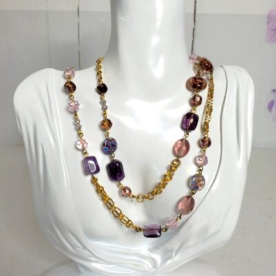 Cookie Lee Signed Art Deco Multicolor Glass Bead Flapper Necklace