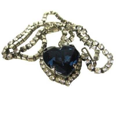 Rhinestone Blue Heart Pendant Necklace 18 inch Vintage Strand Choker Statement