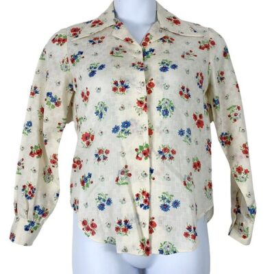 Vintage Blouse Handmade Button Up Shirt 70s Style Oversized Collar Floral Print