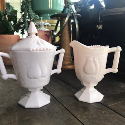 VTG PINK MILK GLASS CREAMER & SUGAR