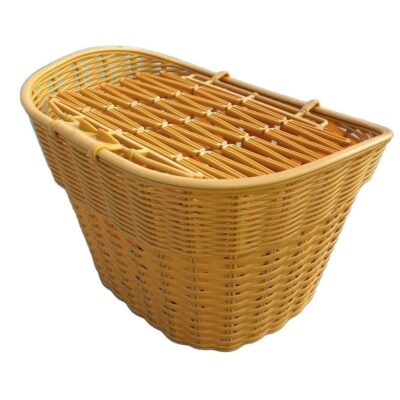 70s Vintage Mustard Brown Plastic Bike Basket w Cover Woven Faux Wicker Bicycle