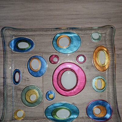 Vintage Fused Art Glass Divided Serving Tray Plate Decorative Modern Circles