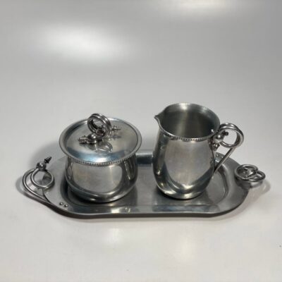 Vintage Retro B W Buenilum Antique Aluminum Pewter Hammered Creamer & Sugar Dish