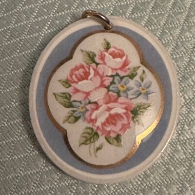 Vintage Ceramic Pendant HandPainted Pink Roses Gold Frame Blue Background