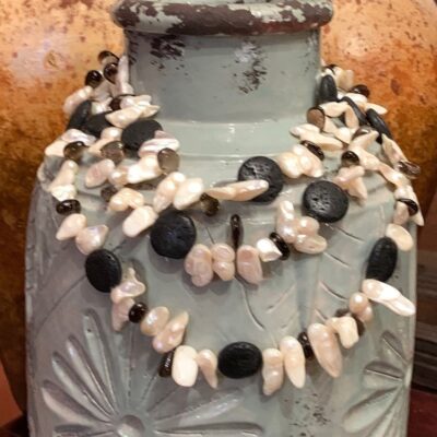 Three Strand Lava, Pearl and Quartz Graduating Layered Choker