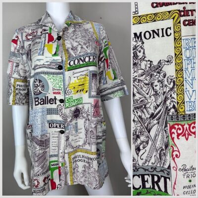 Vintage 1970s Pop Art Print Smock Top, Size Medium Performing Arts Novelty Print