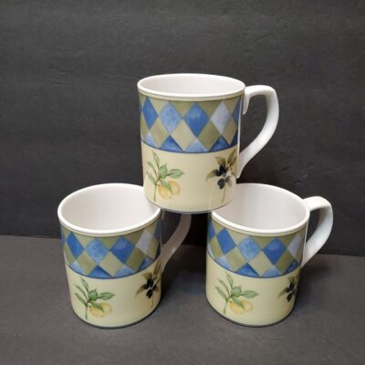 Royal Doulton Carmina Mugs, Set of 3, English China, Olives Lemons Mediterranean