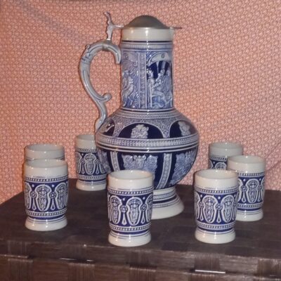 9 Pc Gerz W Germany large stein pitcher with 8 cobalt/grey stoneware mugs #850