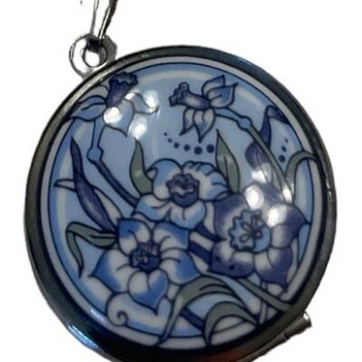 Michaela Frey Vintage Silver Enameled Locket Necklace Blue & White