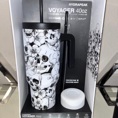 1-NWT HALLOWEEN SKULL BLACK AND WHITE HYDRAPEAK VOYAGER GIFT BOX TUMBLER