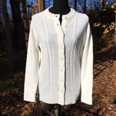 Vintage Nan Dorsey White Cable Knit Granny Cardigan Size Medium