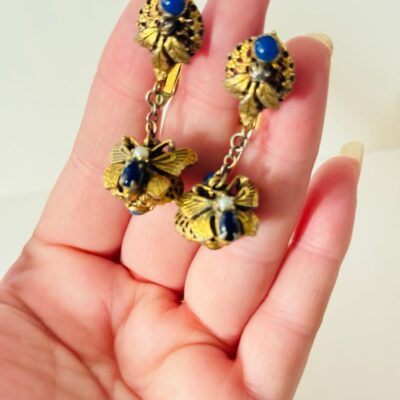 Vendome Earrings VTG Signed Butterfly Victorian Revival Clip rare Gold Dangle