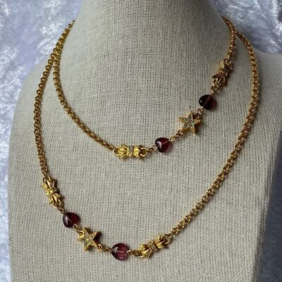 Kirk’s Folly AB Crystal Star Bow & Purple Heart Gold Tone Chain Necklace Vintage