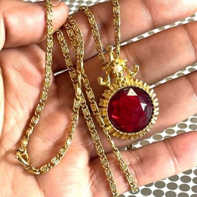 Vintage Gold Tone Chain Link Ruby Red Cabochon Pendant Faux Pearl B#12