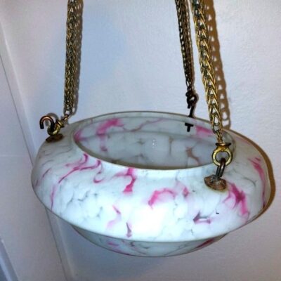 Art Deco Ceiling Light With Pink Marbling Glass and Original Brass Hanging Chain