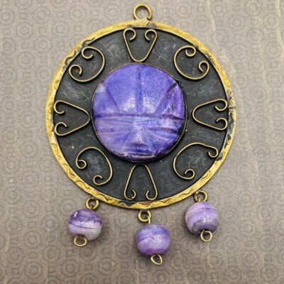 Vintage Brass & Amethyst Aztec Mayan Sun Face Warrior Shield Necklace Pendant