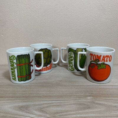 Vintage MCM Coffee Mug Set Vegetable Theme Enamelware