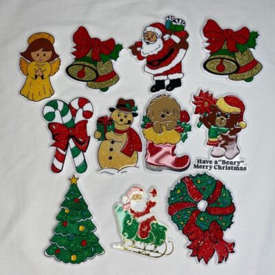 11 Vintage Bromac Christmas Fridge Magnets Glitter Acrylic 1984-1989 Santa, Tree