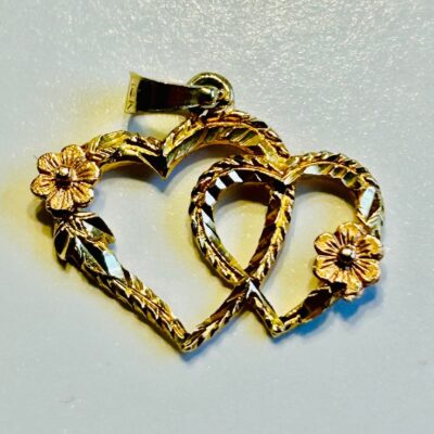 Valentines Double Heart Flower Pendant 14kt Two Tone Yellow Gold