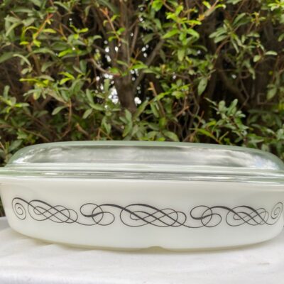 Pyrex Black Scroll Promotional Divided Casserole Dish