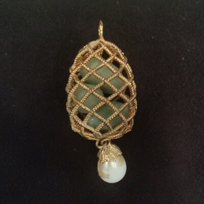 Jackie Kennedy JBK Gold Necklace with Green Jade Beads in Cage Pendant by Camros