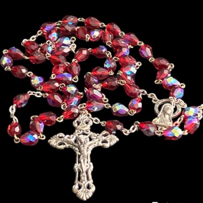 Vintage RED IRIDESCENT FACETED TULIP SHAPED GLASS ROSARY BEADS