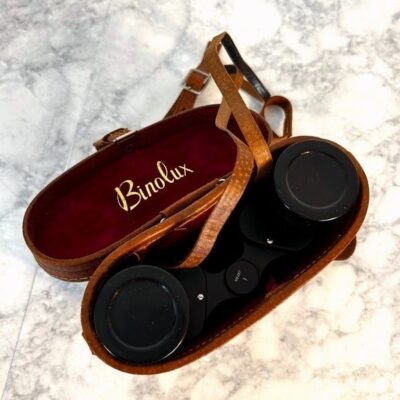 Vintage Binolux Binoculars 7×35 & Leather Carrying Case w Compass antique