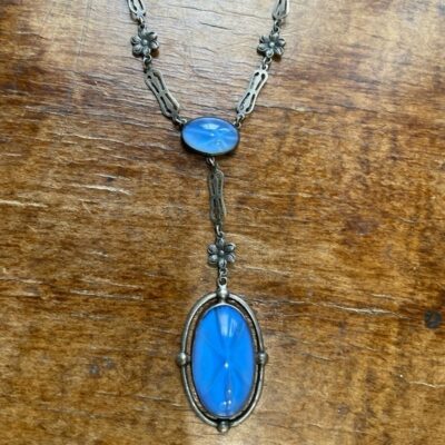 Antique Sterling Silver Blue glass cat eye Lavalier Necklace