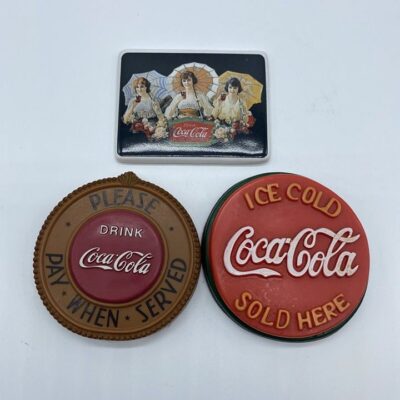 Vintage Lot Of 3 Coca Cola Coke Porcelain Rubber Refrigerator Magnet 1988 1996