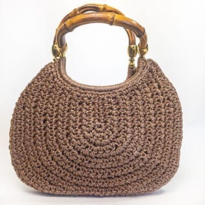 Vintage Brandeis Brown Macrame Clamshell Handbag Bamboo Handles