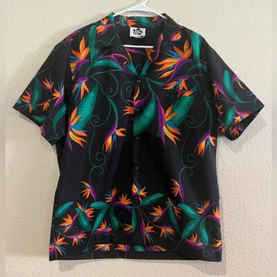 Vintage Hilo Hattie Men’s Black Bird of Paradise Button Down Aloha Shirt Large