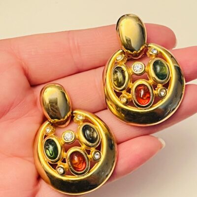 Sophie Goetsch GS Earrings VTG Gold tone Signed Bold cabochon mogul Gripoix rare