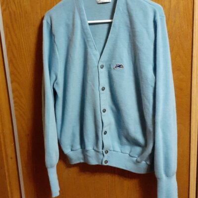 Large Garan light blue vintage USA panther logo preppy cardigan sweater