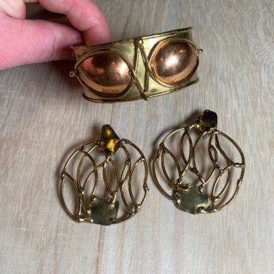 Vintage brass brutalist cuff & earrings set