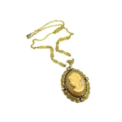 Vintage Western Germany Gold Filigree Rhinestone Glass Celluloid Cameo Necklace