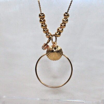 14k Yellow Gold Necklace, Seashell Charm Holder, Beads, Diamond Pendant 1.95g