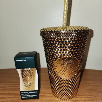 Starbucks Grande Gold Studded Tumbler Cold Cup w/Matching Key Chain/Ornament NWT