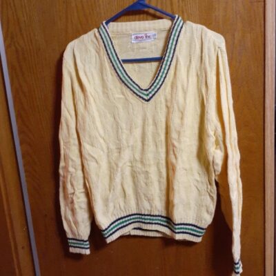 Small Devo Inc USA Vintage Yellow green blue sweater light cable knit vneck golf