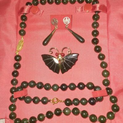 Vintage Jade Necklace, Earrings, and Butterfly pen Set